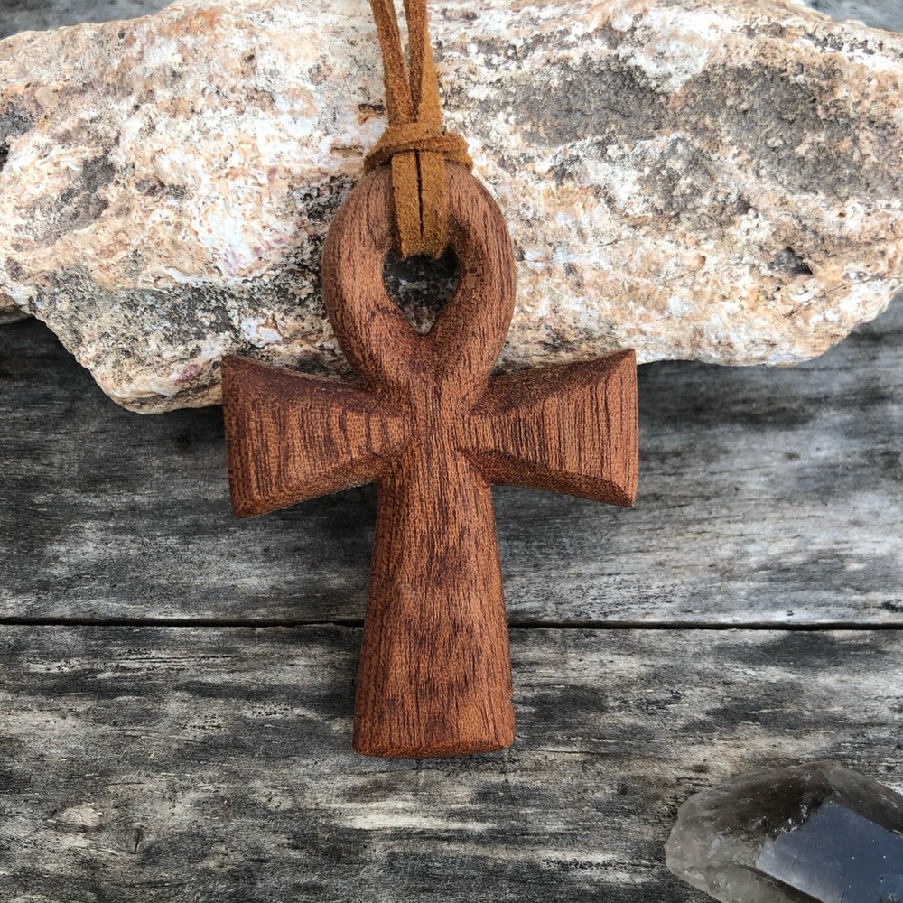 Hand-Carved Mahogany Wooden Ankh Necklace